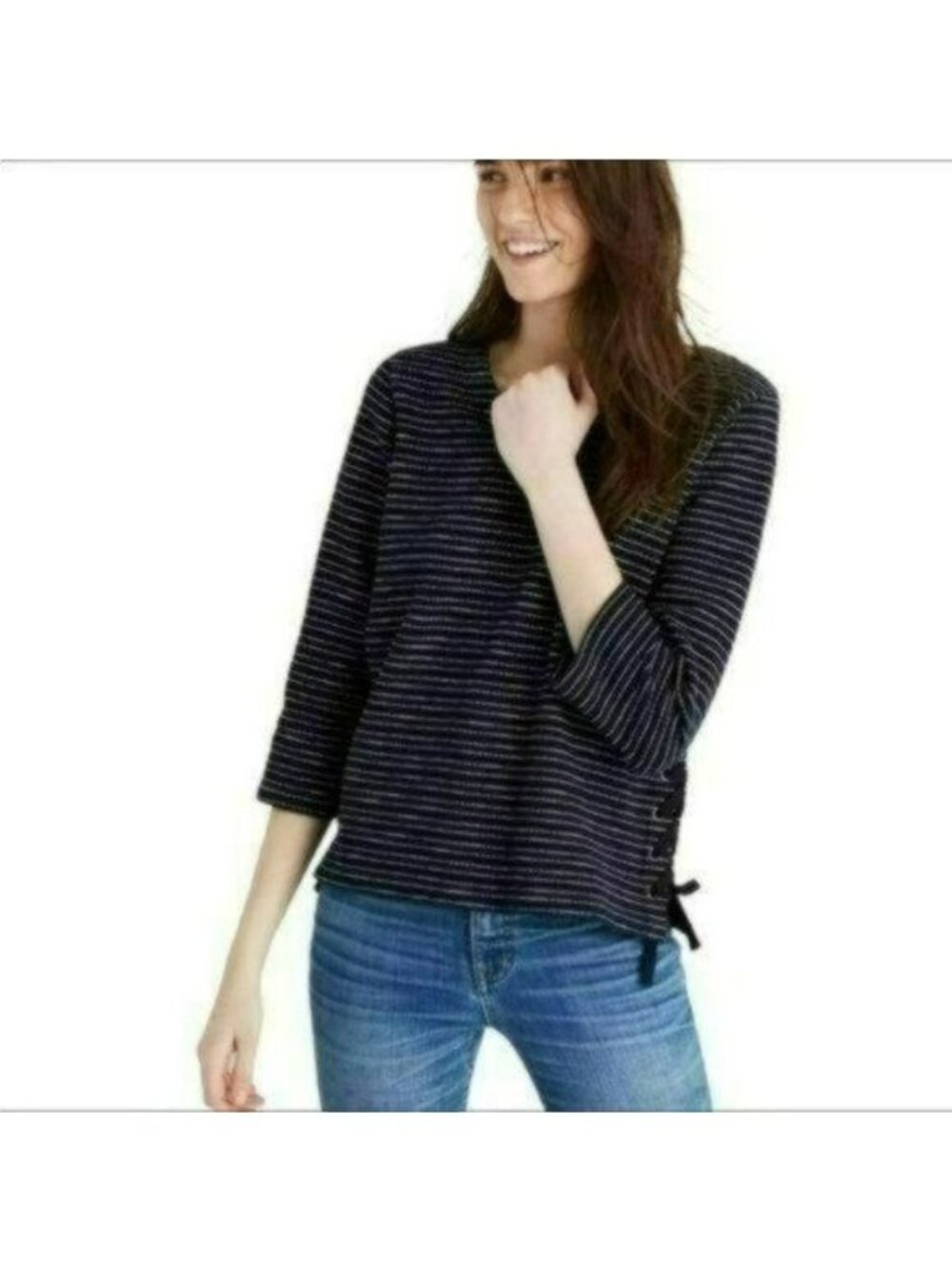 Madewell Women's Small Blue White Striped Cotton Scoop Neck 3/4 Sleeve Sweater